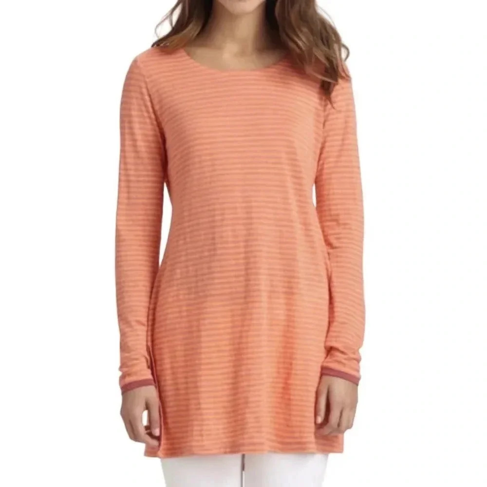 Eileen Fisher 100% Linen Jersey Stripe Tee orange pink Tunic Top size XL